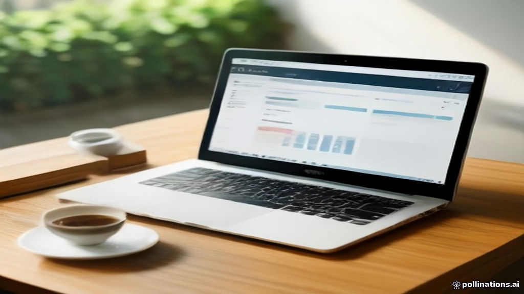 A modern minimalist desk setup showing a laptop with account management tools on screen.