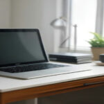 A clean remote workspace with a laptop and open notebook set up for online internet evaluator work.