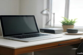 A clean remote workspace with a laptop and open notebook set up for online internet evaluator work.