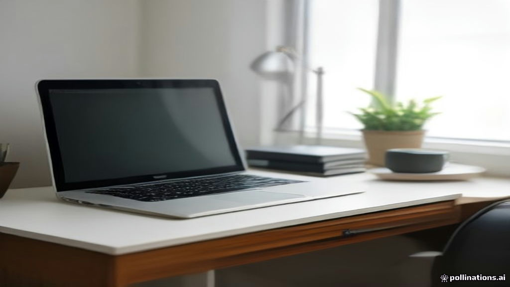 A clean remote workspace with a laptop and open notebook set up for online internet evaluator work.