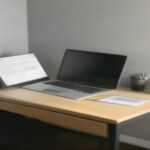 A modern minimalist desk with a laptop and notebook set up for remote internet rating evaluation work.