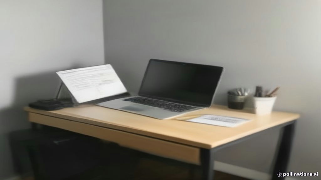 A modern minimalist desk with a laptop and notebook set up for remote internet rating evaluation work.