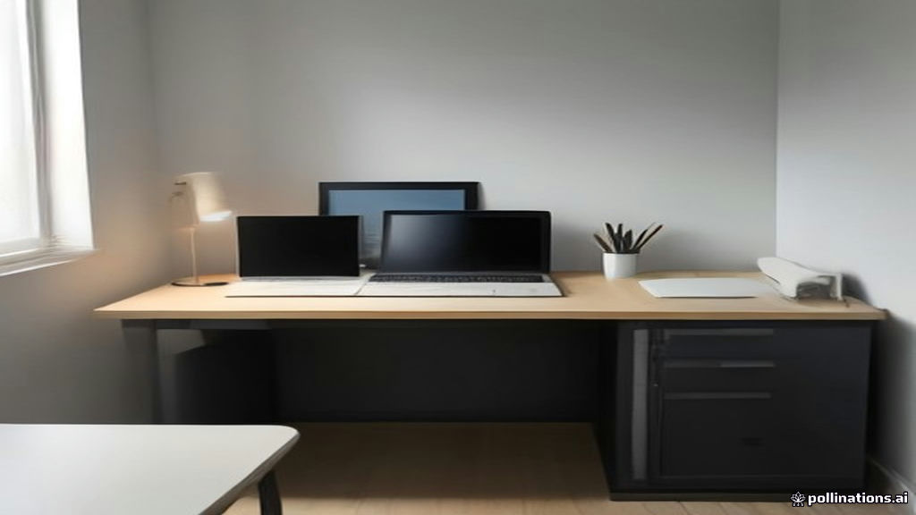 Minimalist home office setup with a computer screen showing digital art files prepared for an online storefront.