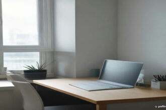 A modern minimalist home office workspace with a open laptop sitting on a wooden desk.