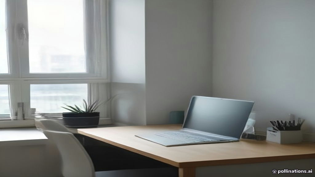 A modern minimalist home office workspace with a open laptop sitting on a wooden desk.