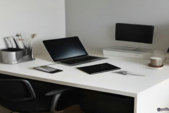 A modern writer workspace with a digital manuscript tablet and keyboard.