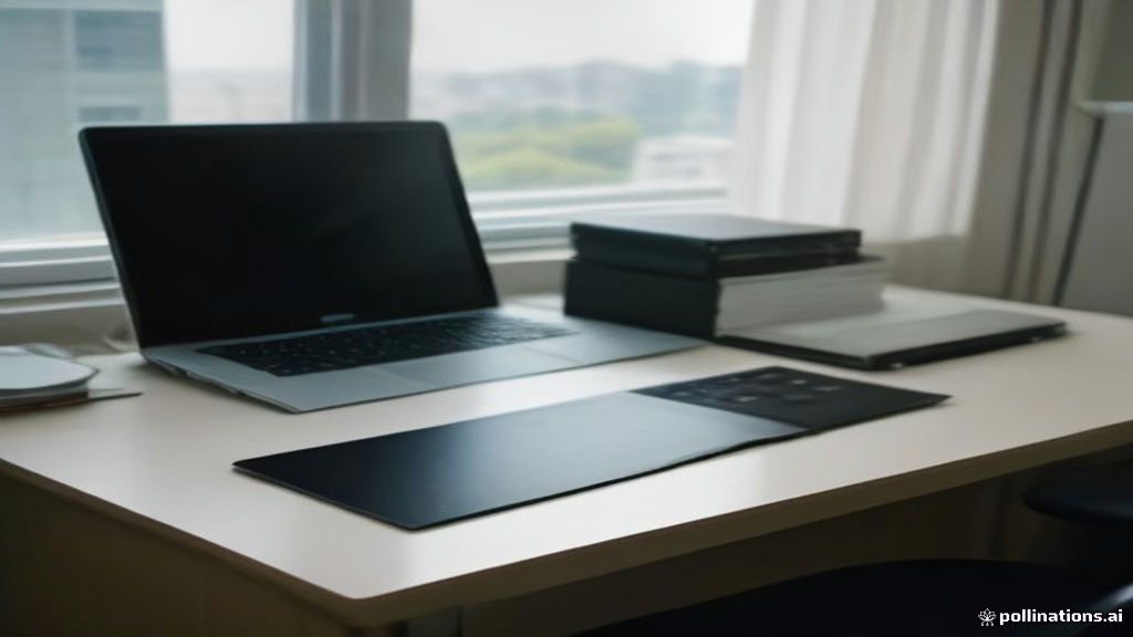 Modern home office desk with laptop and notebook representing remote independent data annotation work.