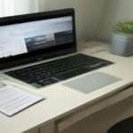 Minimalist newsletter publishing workspace with computer display showing email performance charts and subscriber data.