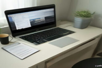 Minimalist newsletter publishing workspace with computer display showing email performance charts and subscriber data.