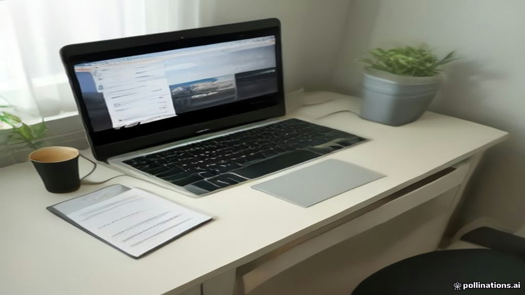 Minimalist newsletter publishing workspace with computer display showing email performance charts and subscriber data.