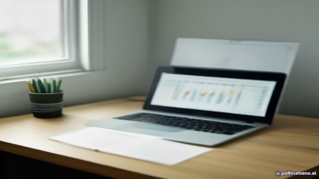 A clean modern home workspace featuring a laptop showing market research charts on a wooden desk.