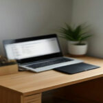A modern laptop and smartphone on a wooden desk representing paid online survey platform task completion.