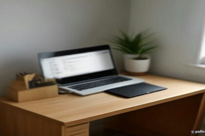 A modern laptop and smartphone on a wooden desk representing paid online survey platform task completion.