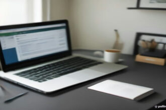 Freelancer managing services on a laptop at a clean wooden desk with natural lighting.
