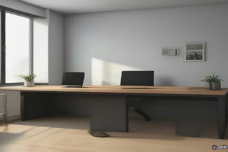 A modern freelancer workspace with laptops displaying work dashboards and digital strategy notes.