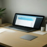 Minimalist WFH desktop setup showing a modern laptop and notebook in daylight.