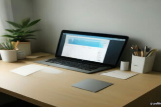Minimalist WFH desktop setup showing a modern laptop and notebook in daylight.