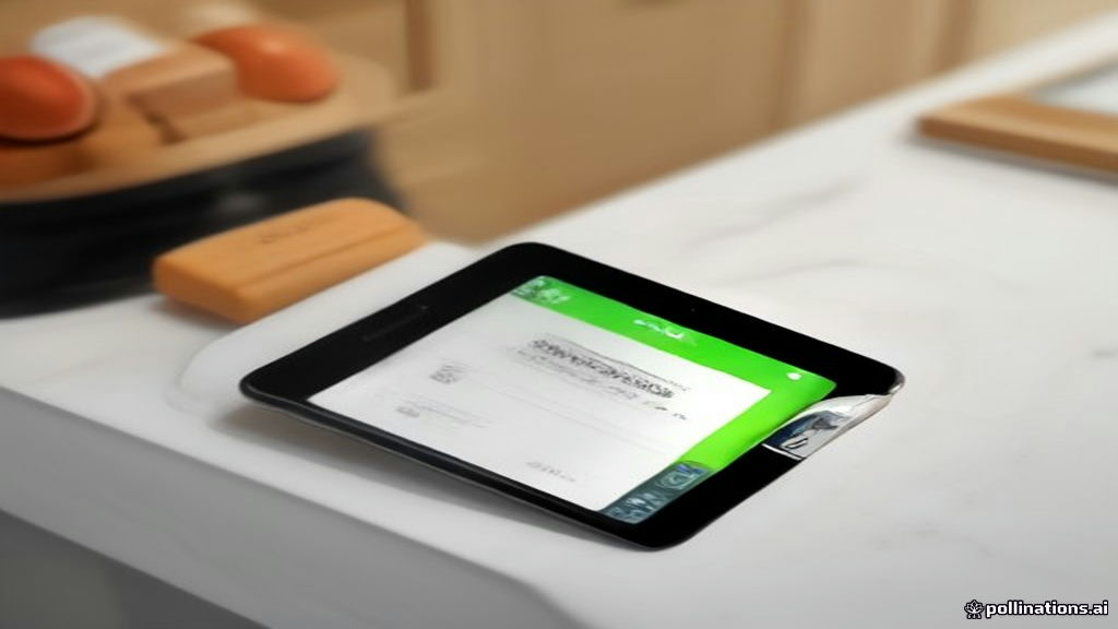 A smartphone sitting next to a grocery paper receipt on a clean kitchen counter.