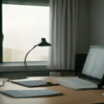 A minimalist desk setup with a laptop and notebook representing online data security and survey platform research.