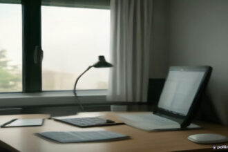 A minimalist desk setup with a laptop and notebook representing online data security and survey platform research.