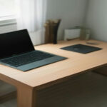 Minimalist home office workstation setup for remote AI data annotation and operations work.