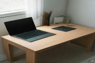 Minimalist home office workstation setup for remote AI data annotation and operations work.