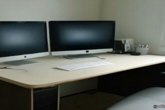 Clean home office desk with a computer monitor and phone headset set up for remote call center work.