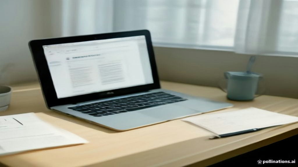 Modern minimalist desk setup with a laptop showing online publishing articles and a notebook.