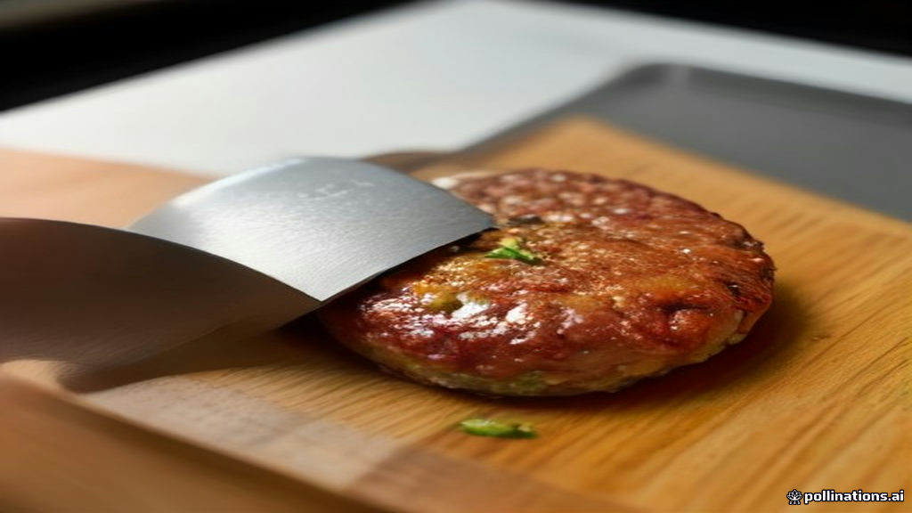 Digital meat thermometer measuring the internal temperature of a freshly cooked beef patty on a cutting board.