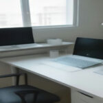 A computer and mobile phone sitting on a wooden desk representing digital market research tracking tools.