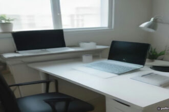 A computer and mobile phone sitting on a wooden desk representing digital market research tracking tools.