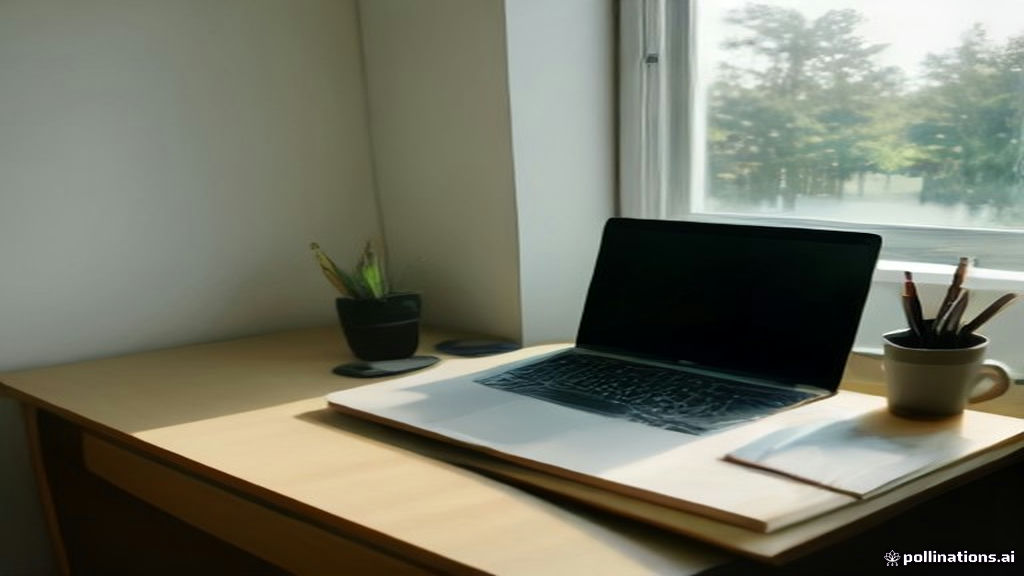 A modern remote worker setup with a laptop and notebook on a wooden desk bathed in natural light.