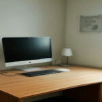 Minimalist home office desk with an open laptop and notebook representing secure online language tutoring.