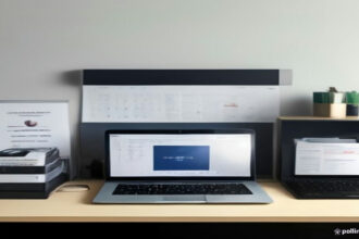 E-commerce workspace with printed custom apparel and order management software on a laptop screen.