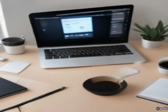 A modern home workspace with a laptop screen showing research data and survey analytics on a clean wooden desk.