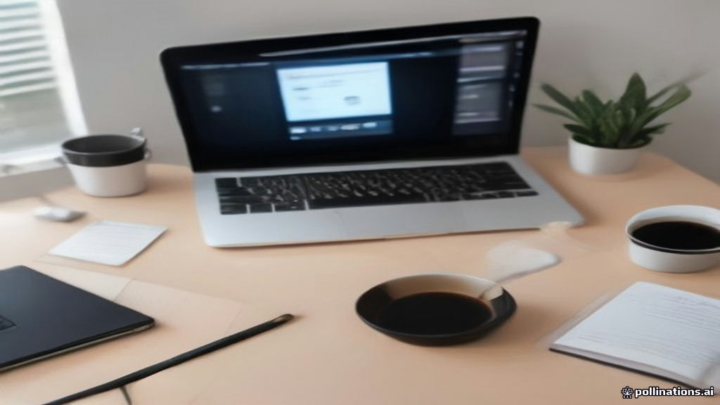 A modern home workspace with a laptop screen showing research data and survey analytics on a clean wooden desk.