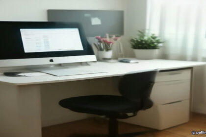 A minimalist home office workspace setup with a laptop displaying research data, suitable for online participant tasks.
