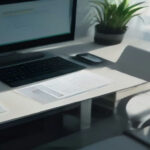 An organized desk setup with a calculator, modern accounting journal, and laptop displaying business income records.