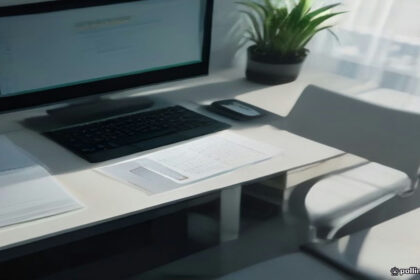 An organized desk setup with a calculator, modern accounting journal, and laptop displaying business income records.