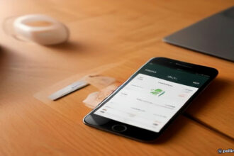 A smartphone and debit card resting on a wooden desk illustrating digital money management security.
