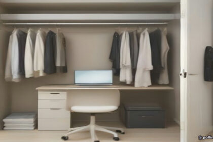 Clean modern workspace showing fashion apparel, a delivery box, and a digital tablet for online shopping review.