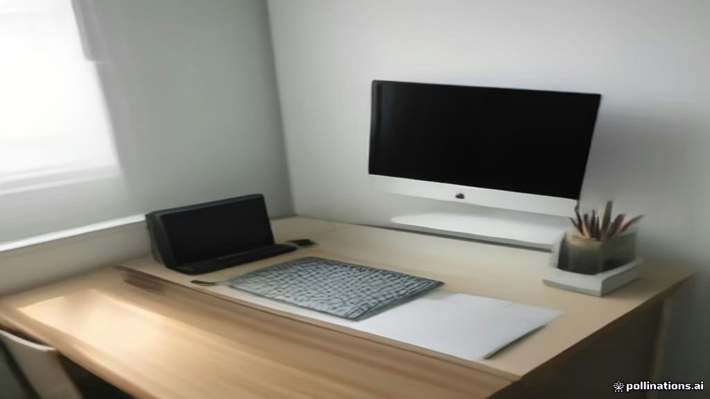 A modern home office workspace setup with a laptop displaying remote evaluation tasks on a desk.