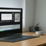 A modern minimalist remote work workspace with a laptop showing digital tasks on a desk.