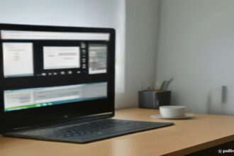 A modern minimalist remote work workspace with a laptop showing digital tasks on a desk.