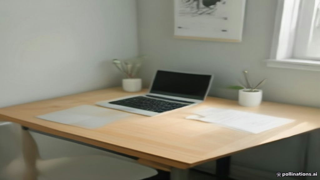 Minimalist writing desk with a open laptop showing an editorial workspace bathed in clean morning light.