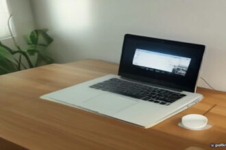 Minimalist remote work setup with laptop displaying dataset evaluation guidelines.