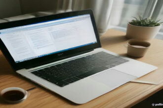 Remote worker reviewing online contractor guidelines and task portals on a laptop at a clean daylight workspace.