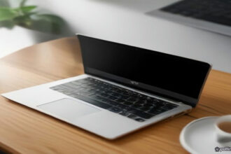 A remote worker reviewing data training tasks on a laptop setup in a modern workspace.