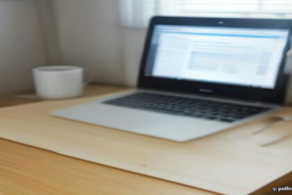 Minimalist home office setup with a computer screen displaying digital task dashboards and evaluation work.