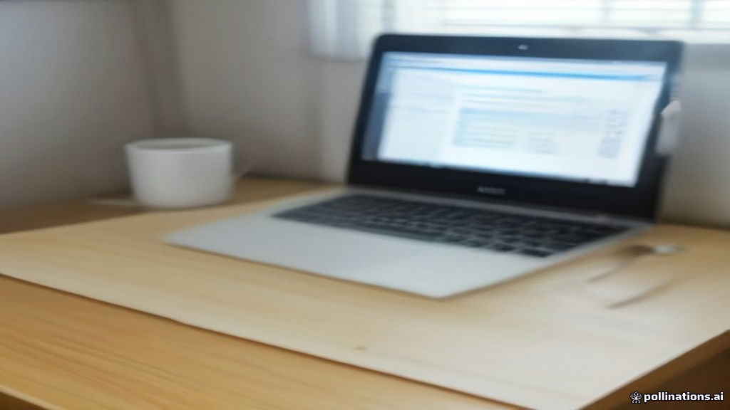Minimalist home office setup with a computer screen displaying digital task dashboards and evaluation work.